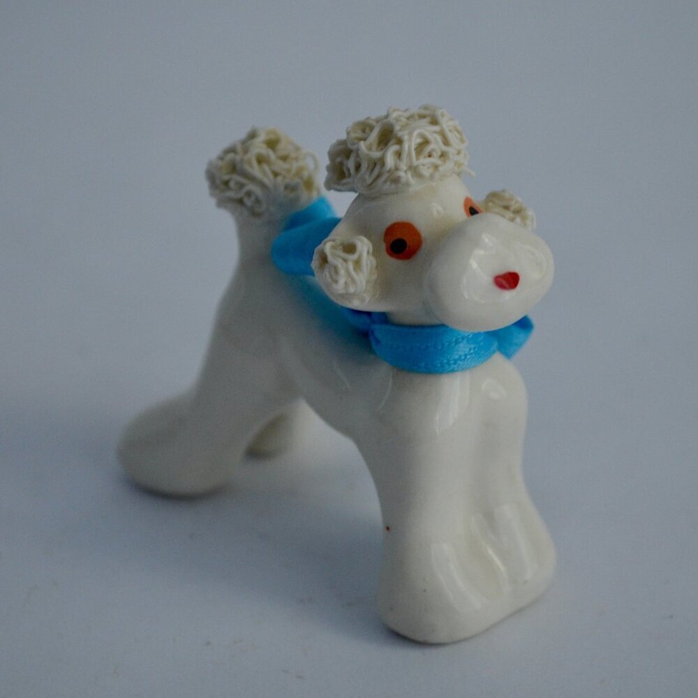 Vintage Small White Spaghetti Poodle Blue Ribbon Bow